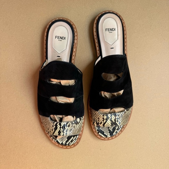 Authentic Fendi Black Suede And Python Cut Out Flat Sandals size 41 - Picture 2 of 10